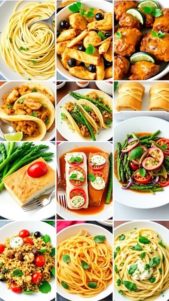 Quick and Easy Weeknight Dinners A variety of quick dinner recipes including pasta, tacos, stir-fry, and salad, plated appetizingly on a rustic wooden table.